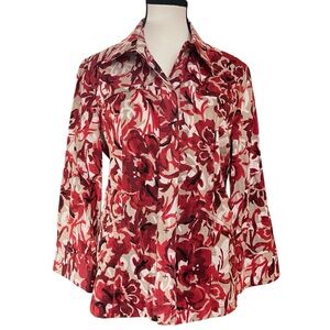 Woman's Linen Red”S & Tan”S 3/4 Sleeve Button Down Shirt with‎ Notched Collar